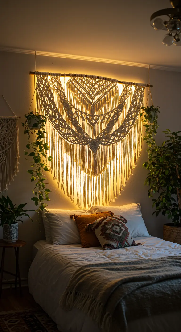 Dormitorio bohemio con un gran tapiz de macramé retroiluminado con una cálida luz LED.