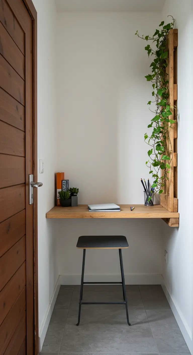 Escritorio flotante muy estrecho en un pasillo, con un palet vertical en la pared para plantas.