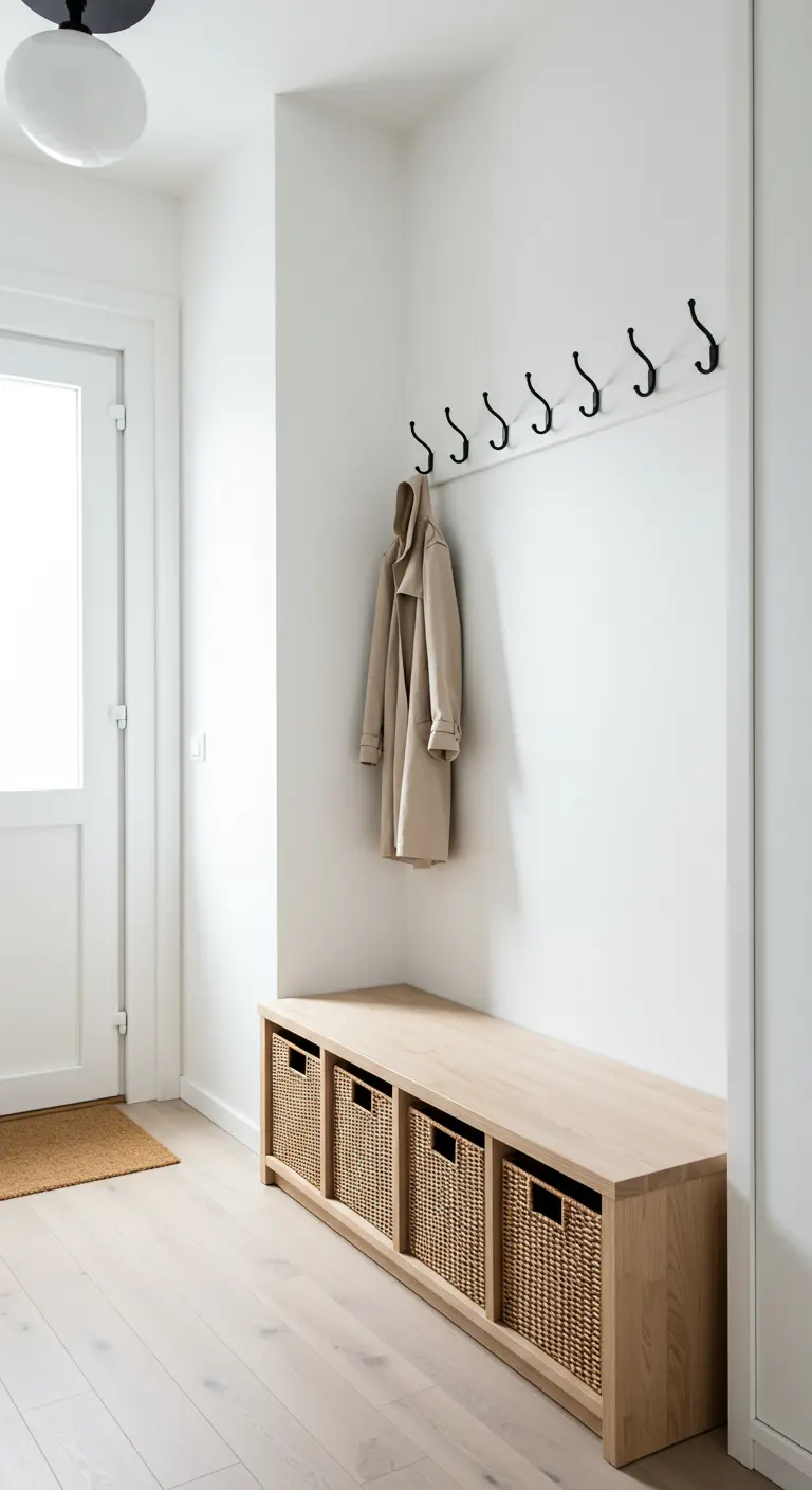 Banco de madera clara con cestas de mimbre en una entrada minimalista y blanca.