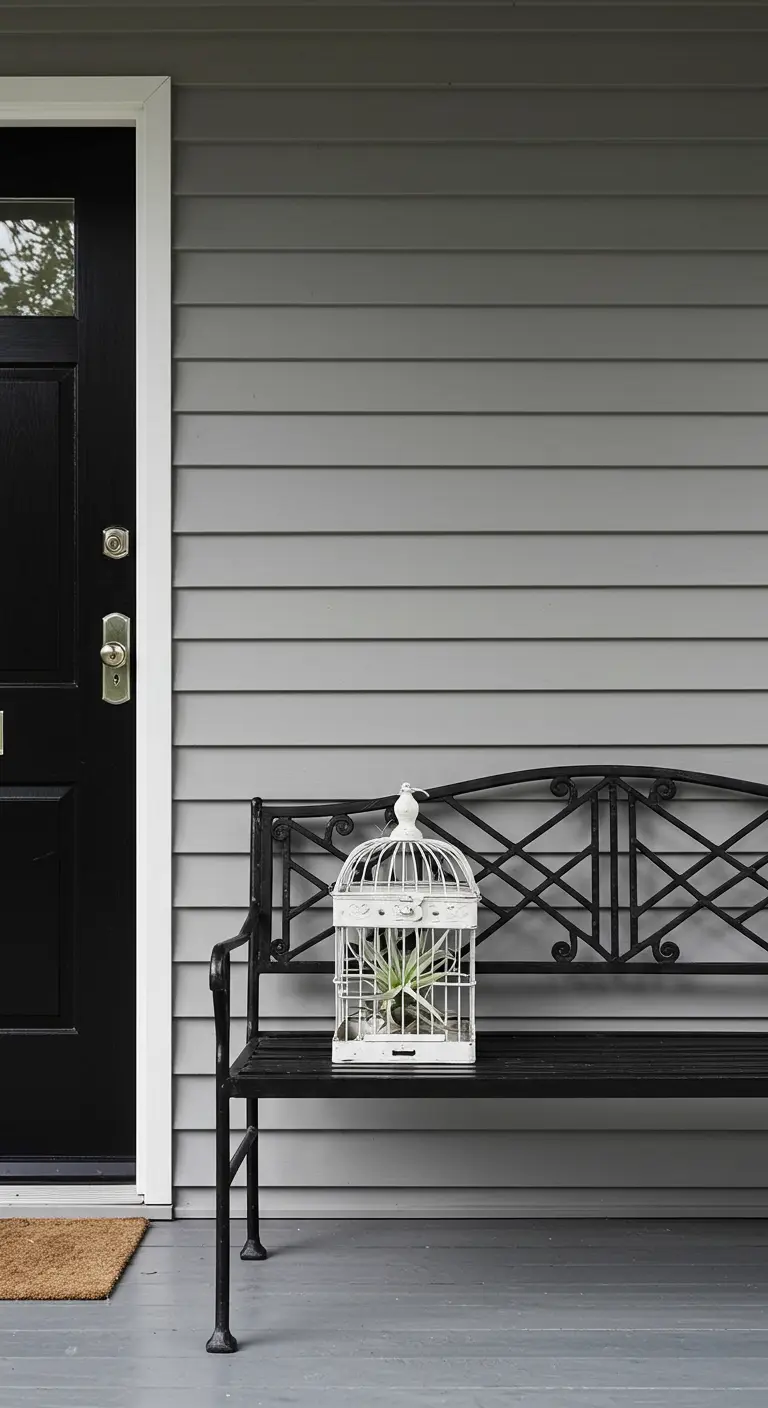 Pequeña jaula blanca sobre un banco negro con una planta de aire en su interior.