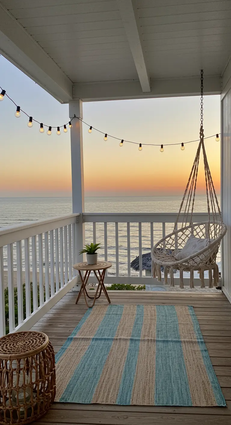 Porche con vistas al mar, silla colgante de macramé, mesa auxiliar y alfombra de yute a rayas.