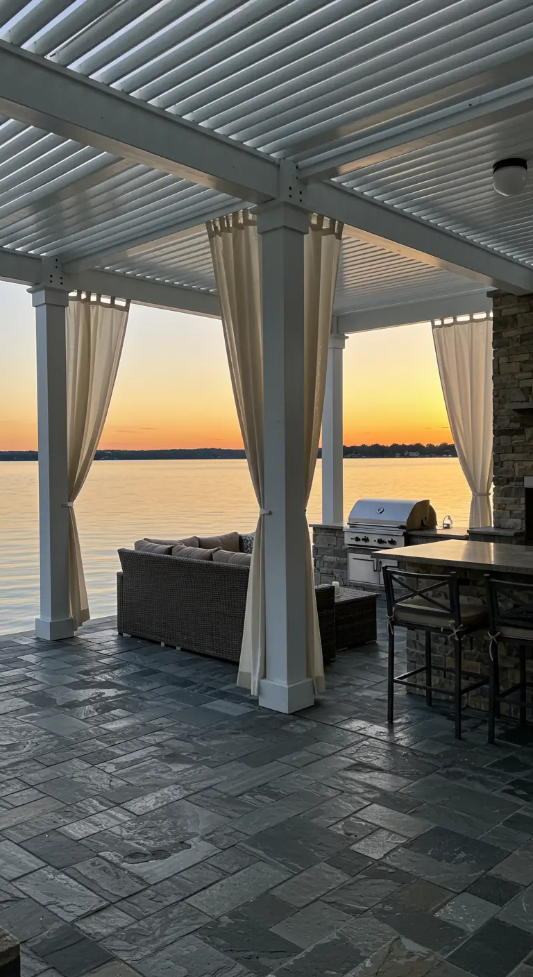Terraza con pérgola blanca y cocina exterior con vistas a un lago durante el atardecer.