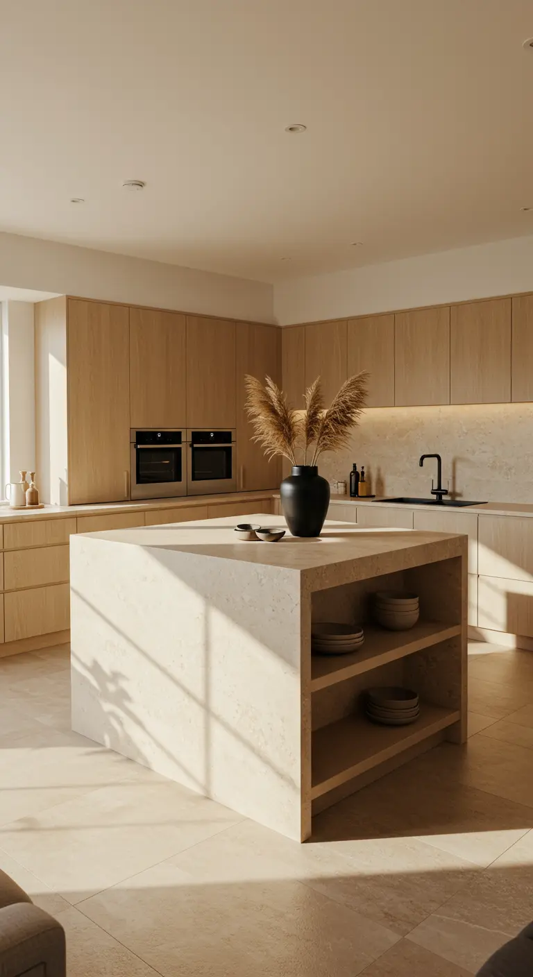 Cocina minimalista con isla de piedra caliza y armarios de madera clara.