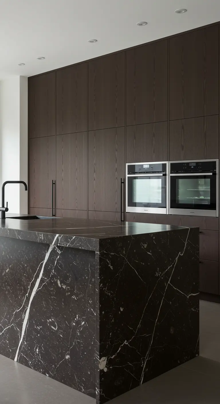 Cocina con armarios de madera oscura del suelo al techo y una isla de mármol negro.
