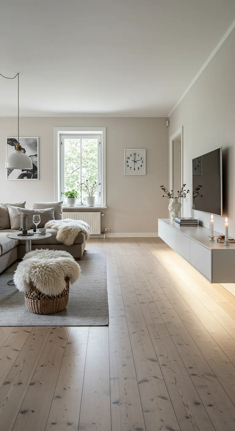 Mueble de televisión blanco y flotante con una tira de luz LED cálida debajo que ilumina el suelo de madera.