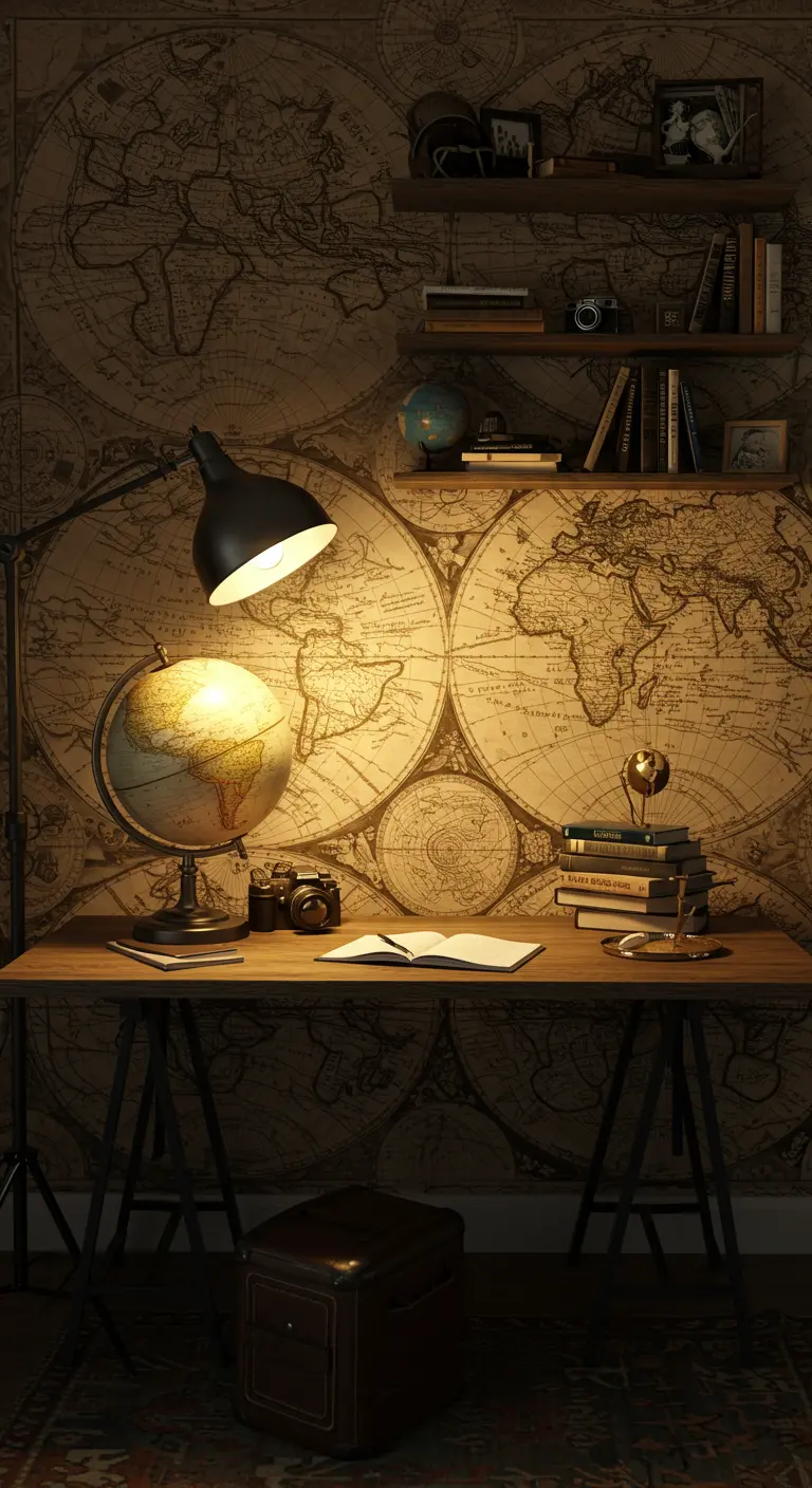 Escritorio con un mural de mapa del mundo antiguo de fondo y un globo terráqueo iluminado.
