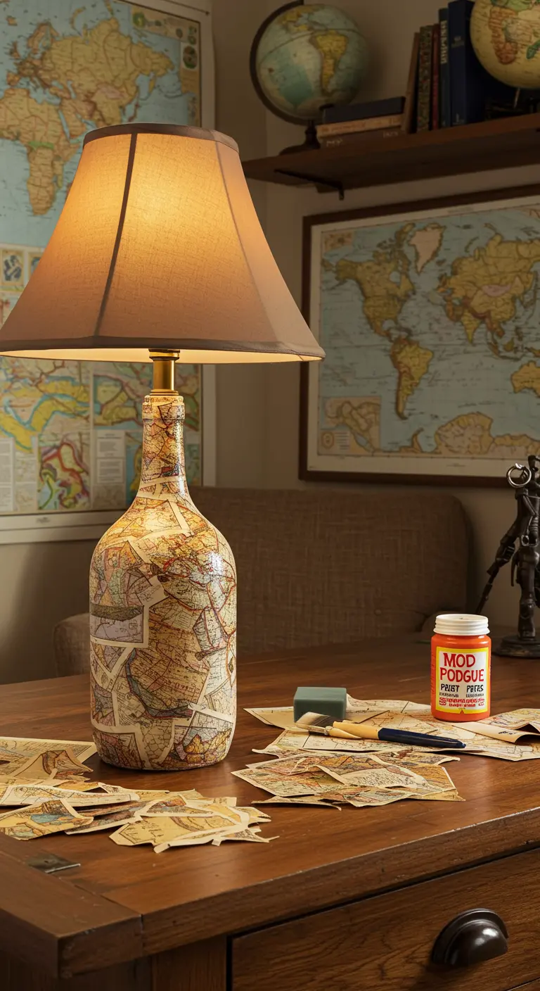 Lámpara con base de botella decorada con la técnica de découpage usando mapas antiguos.