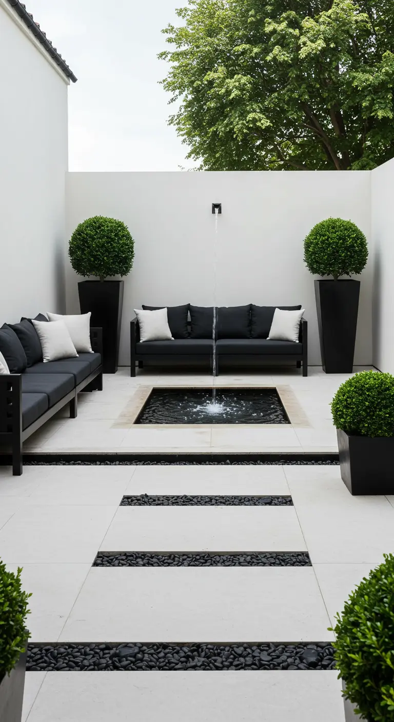 Patio simétrico con una fuente central, sofás negros y macetas con arbustos esféricos.