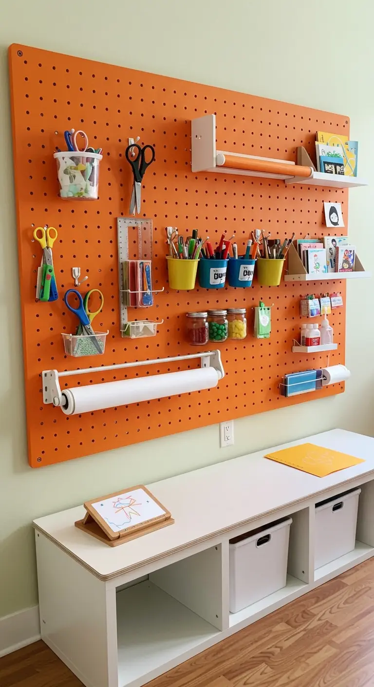 Panel perforado de color naranja sobre un banco blanco, organizado con material de manualidades.