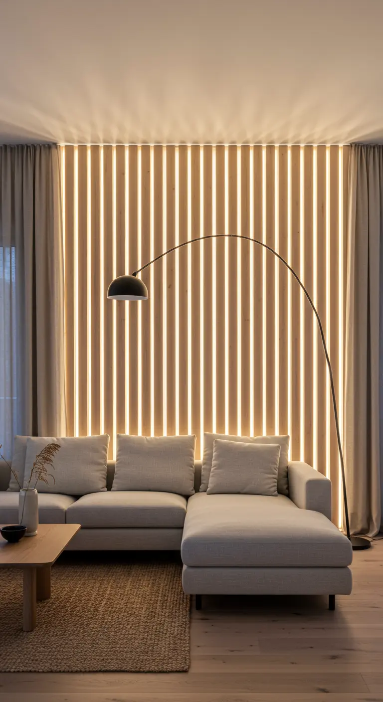 Sala de estar con un panel de listones de madera verticales retroiluminados con luz LED cálida.