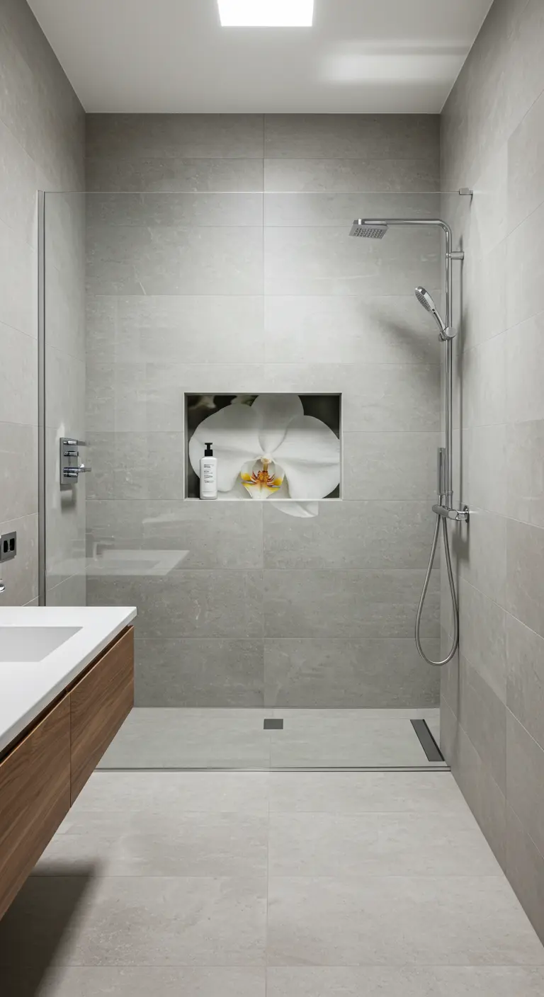 Ducha de azulejos grises con un nicho que tiene una imagen de una orquídea blanca en el fondo.