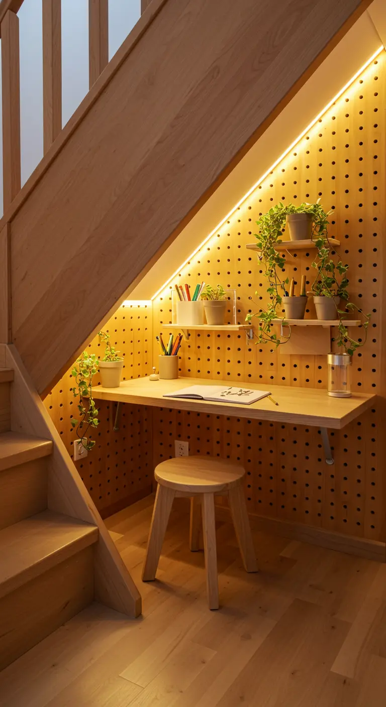 Pequeño escritorio de madera bajo una escalera con una pared de panel perforado iluminada con LED.