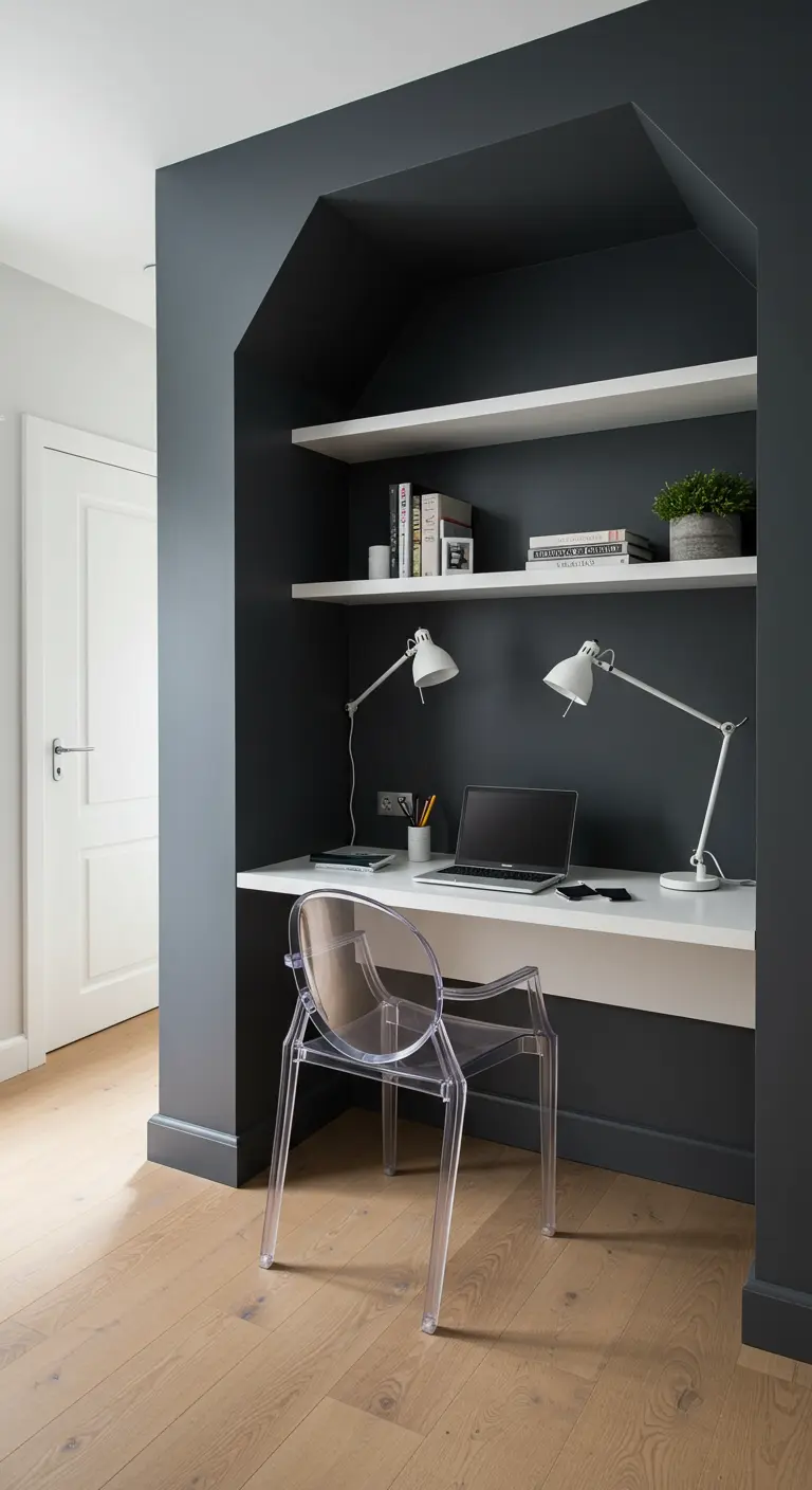 Oficina empotrada en un nicho pintado de gris oscuro con escritorio y silla transparente.
