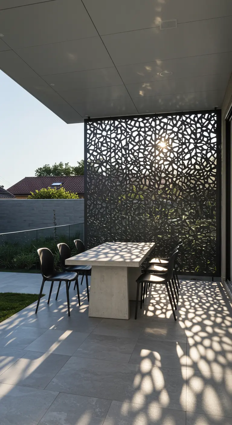 Comedor exterior protegido por un panel decorativo negro con un patrón orgánico calado.