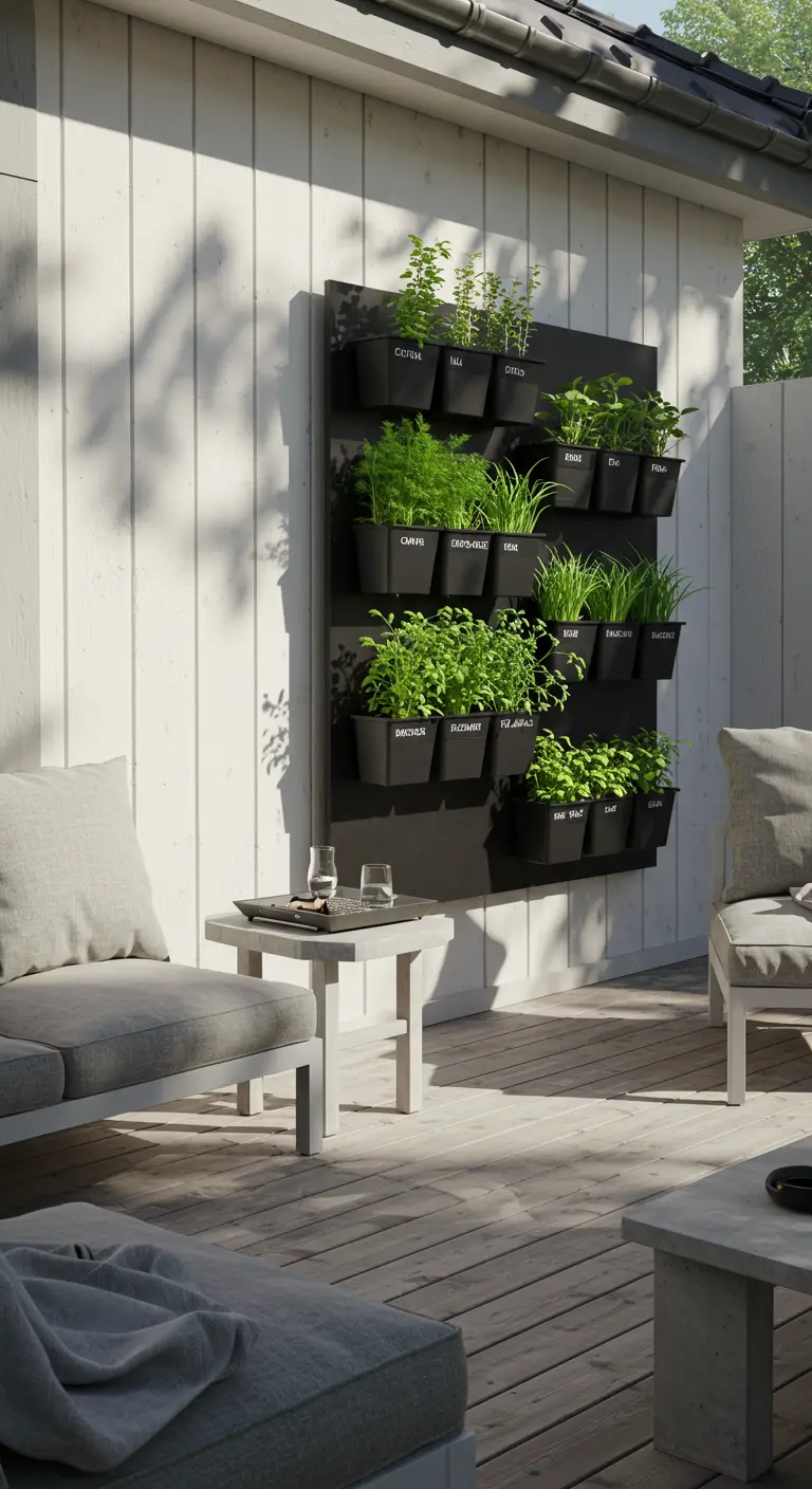 Jardín vertical ordenado en un panel negro con maceteros etiquetados y hierbas aromáticas.