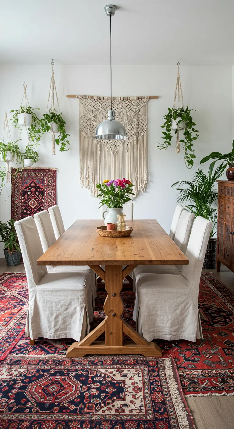 Comedor bohemio con alfombras superpuestas, plantas colgantes y sillas con fundas de lino.