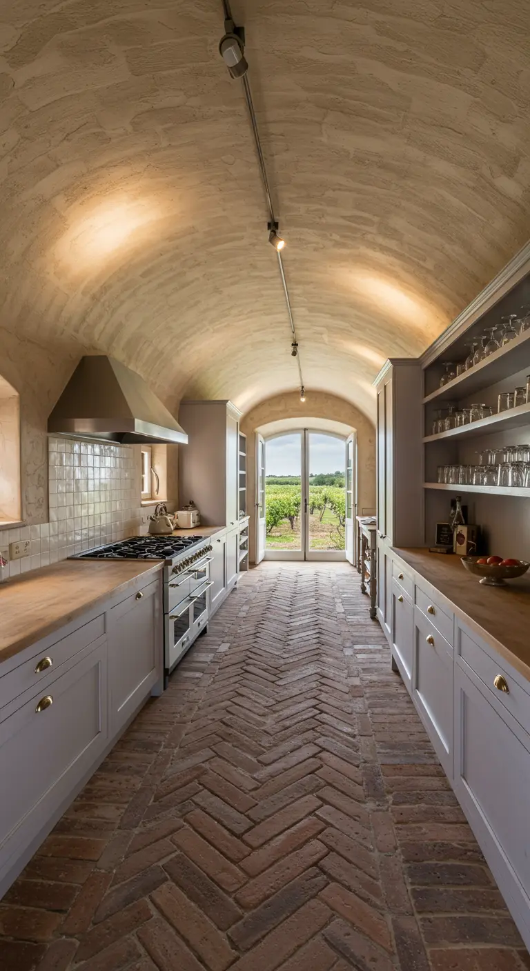 Cocina larga y estrecha con techo abovedado, suelo de ladrillo en espiga y vistas a un viñedo.