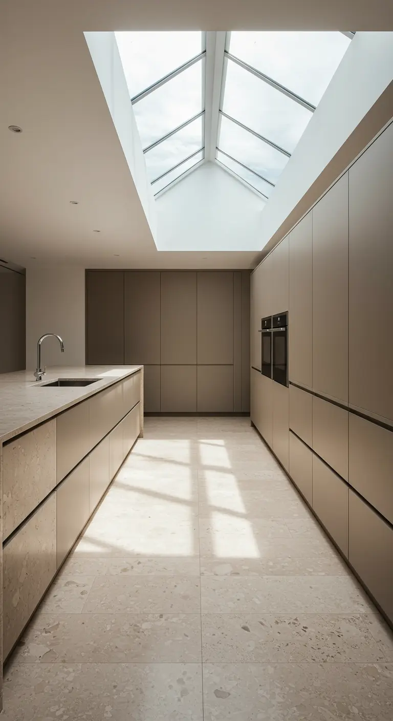 Cocina larga y estrecha con gabinetes minimalistas iluminada por tragaluces.