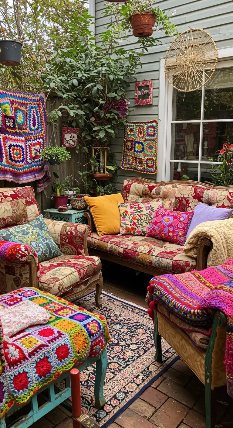 Patio bohemio y ecléctico con muebles vintage, cojines florales y mantas de crochet.