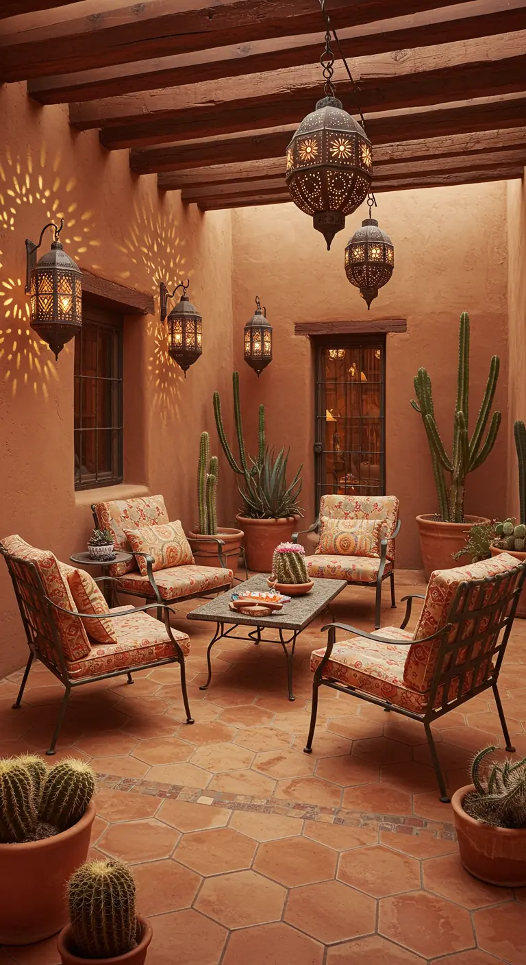 Patio de estilo suroeste con paredes de terracota, faroles de metal perforado y muebles de hierro con cojines estampados