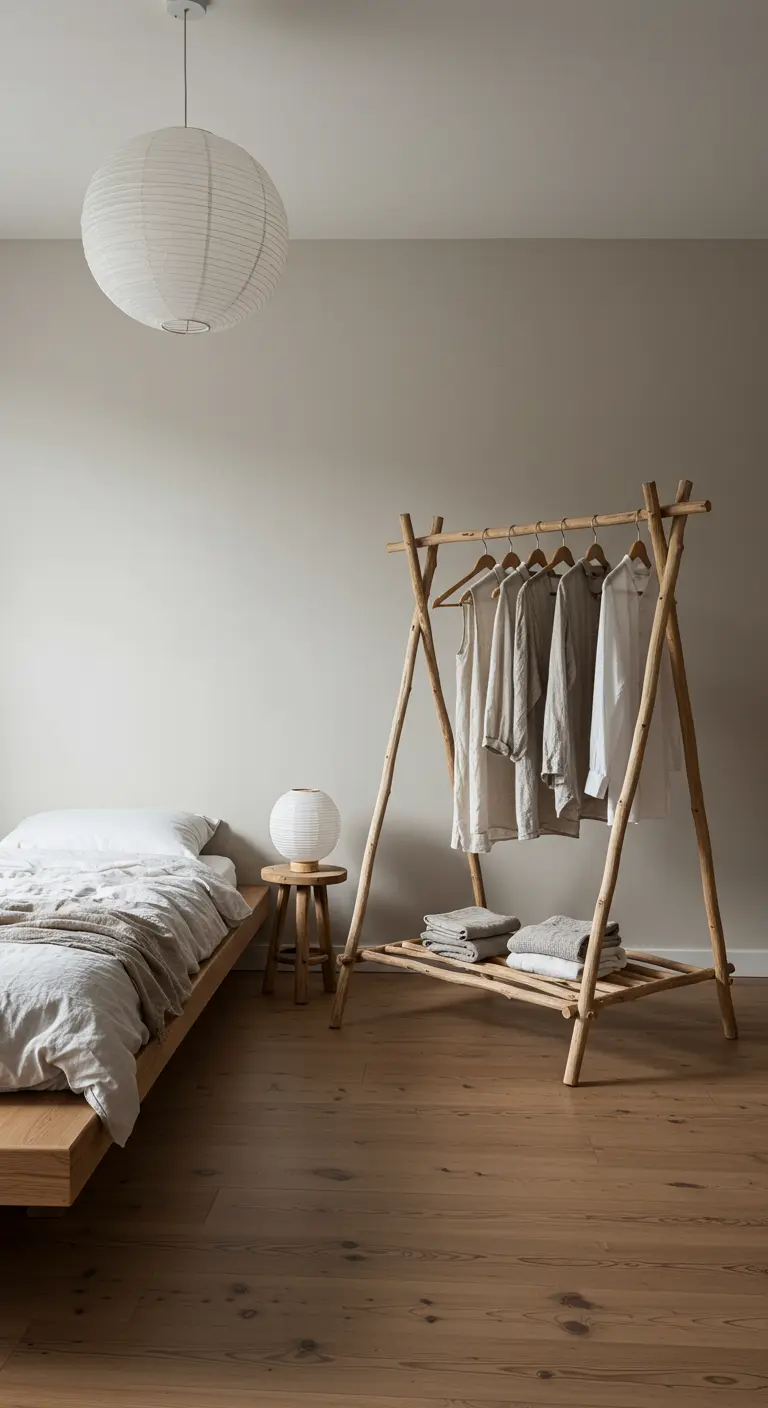Perchero de pie de estilo escandinavo hecho con ramas de madera natural en un dormitorio minimalista.