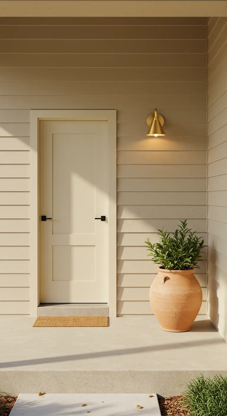 Porche de color crema con una puerta sencilla y una gran maceta de terracota con una planta verde