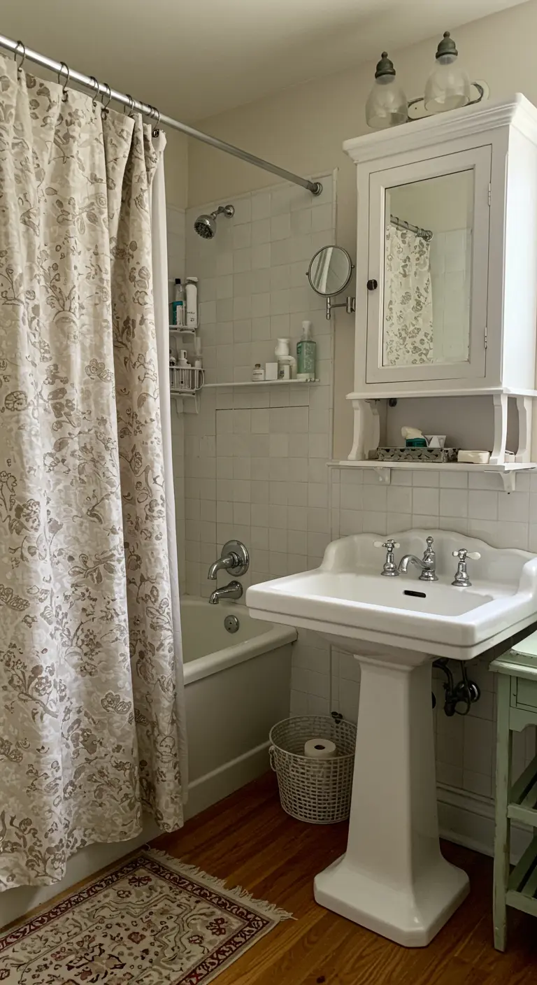 Baño pequeño clásico con lavabo de pedestal y cortina de ducha de lino estampado.