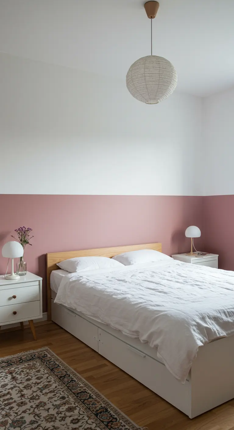 Dormitorio con la mitad inferior de la pared pintada de rosa y la superior de blanco.