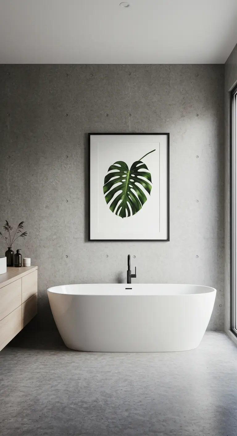 Baño minimalista de cemento con un cuadro grande de una hoja de Monstera sobre la bañera.
