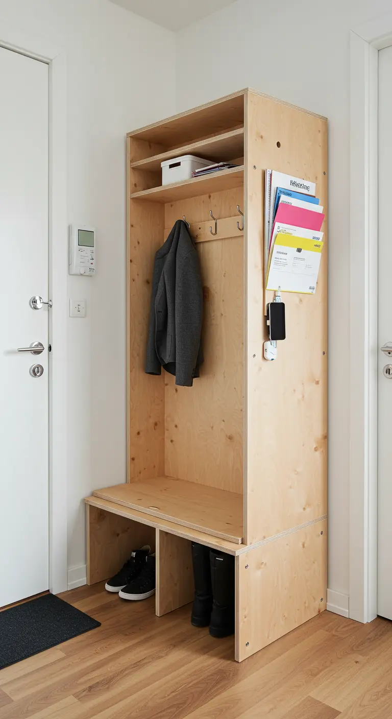 Mueble recibidor de contrachapado de madera de estilo DIY con banco y perchero integrados.
