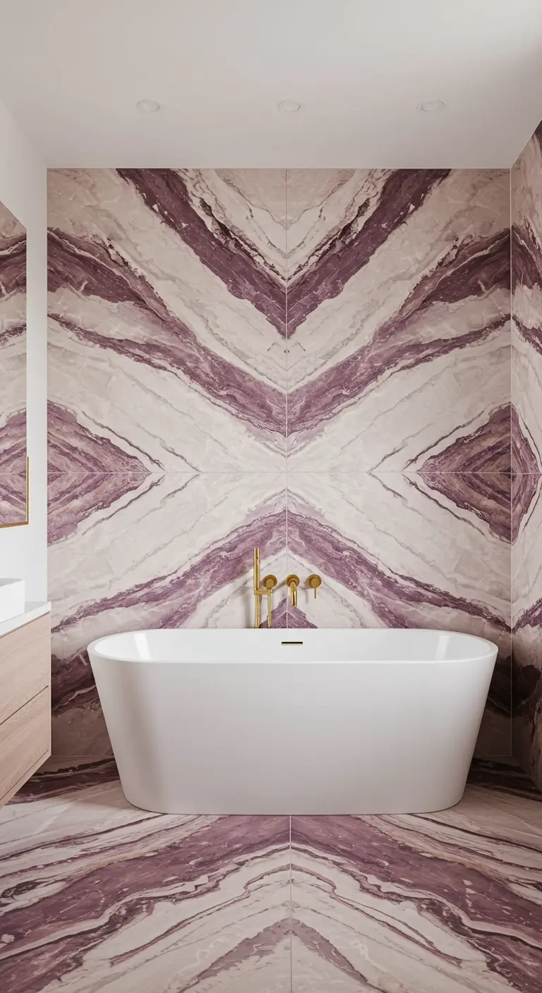 Baño con espectaculares placas de mármol veteado en rosa y morado a libro abierto.