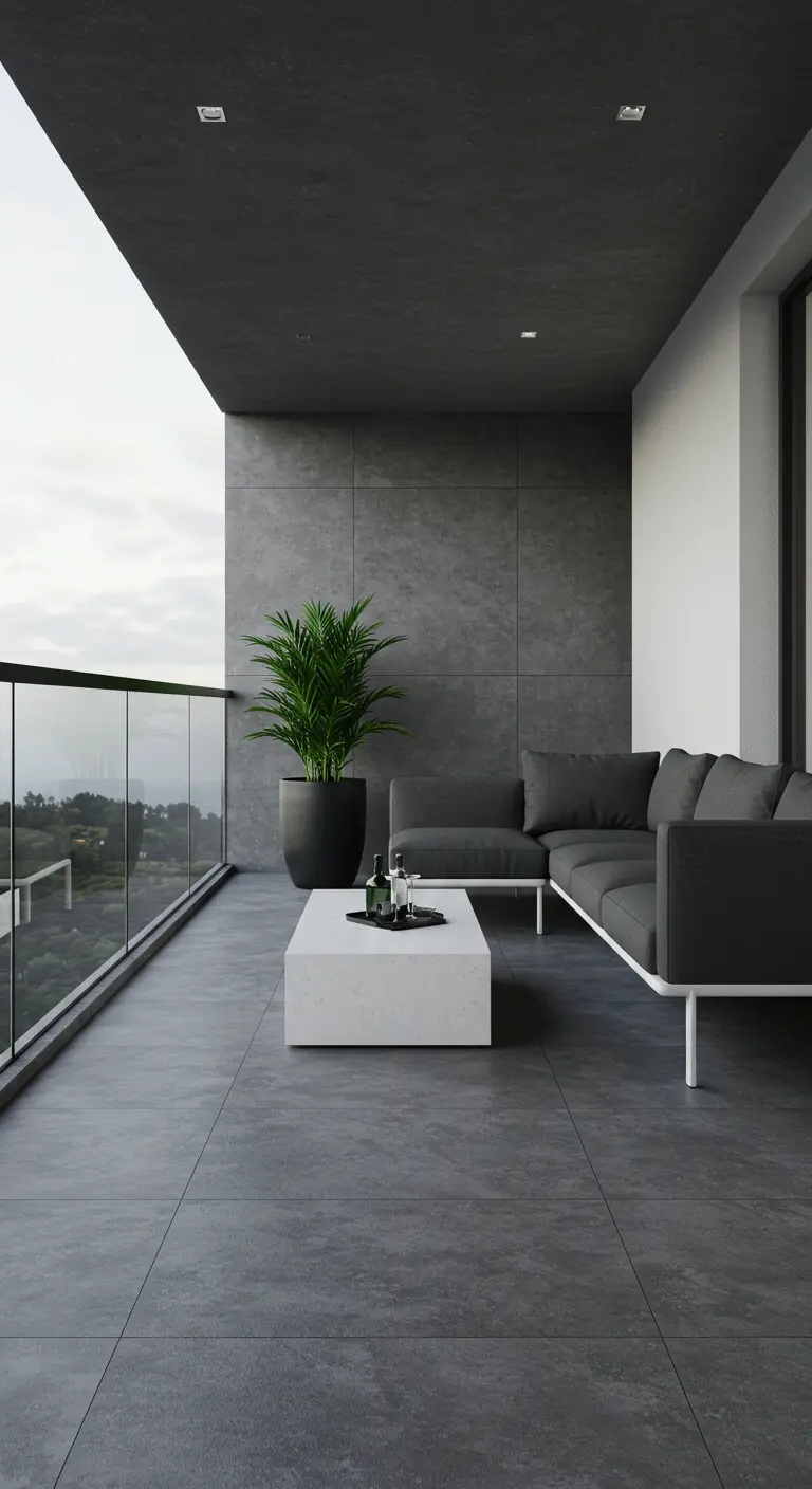 Balcón minimalista con paredes y suelo grises, sofá oscuro y una gran planta verde