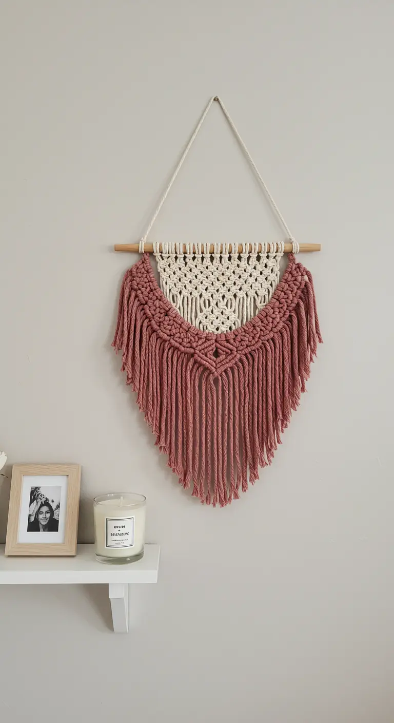 Tapiz de macramé de dos colores, crudo en la parte superior y rosa en la inferior.