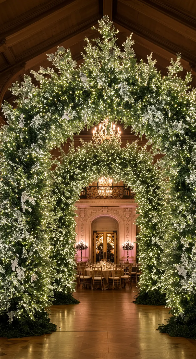 Impresionante arco de entrada hecho de árboles de Navidad nevados y miles de luces blancas.