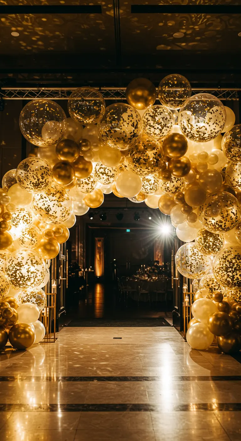 Impresionante arco de globos dorados y transparentes con confeti en la entrada de una fiesta.