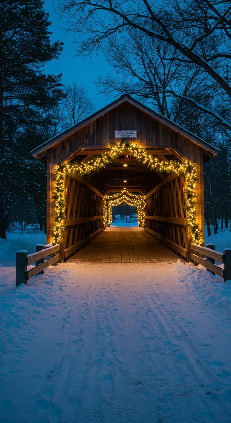 Puente de madera cubierto y nevado, completamente iluminado con arcos de guirnaldas de pino.