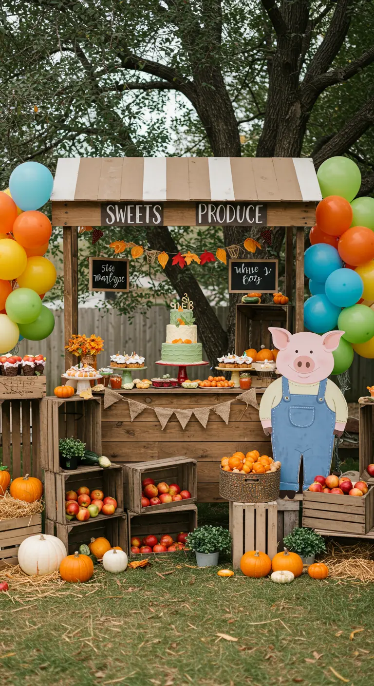 Puesto de mercado de madera decorado como mesa de dulces para una fiesta de cumpleaños de granja.