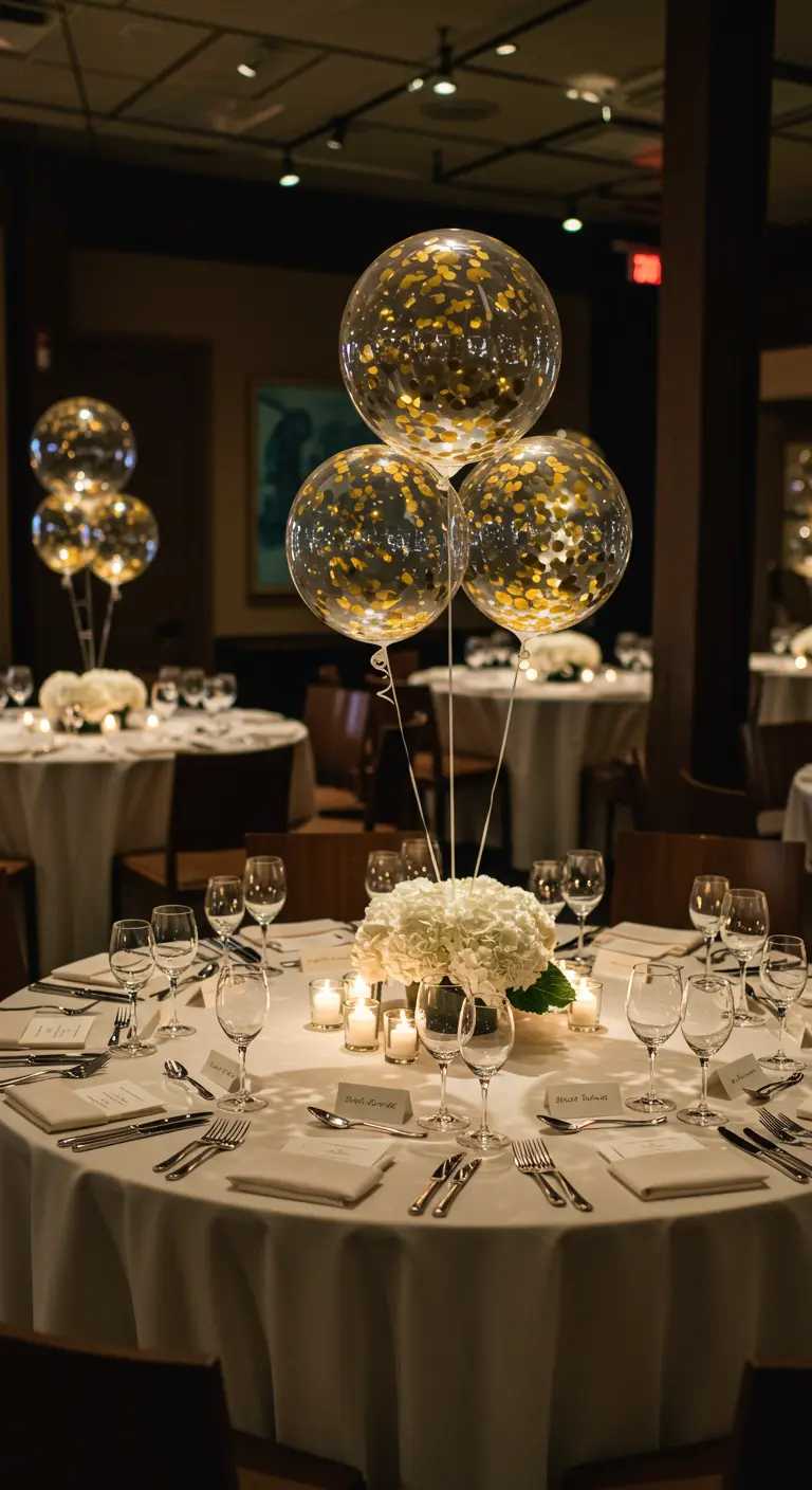 Centro de mesa con tres globos de confeti dorado y flores blancas para una cena formal.