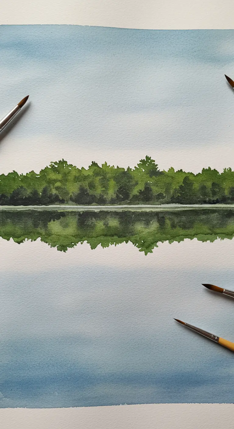 Pintura de acuarela de una línea de árboles verdes reflejándose perfectamente en el agua.
