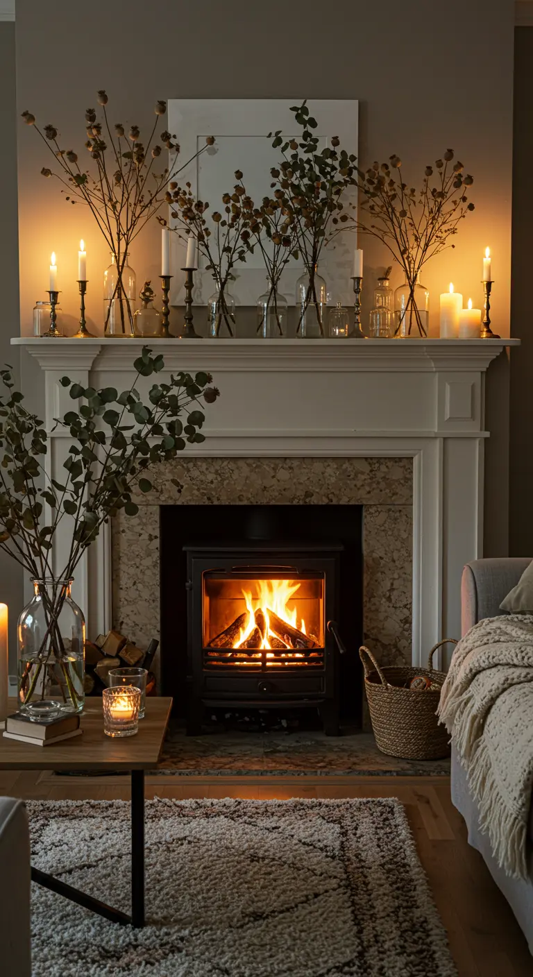 Repisa de chimenea decorada con ramas secas en jarrones de cristal y velas encendidas