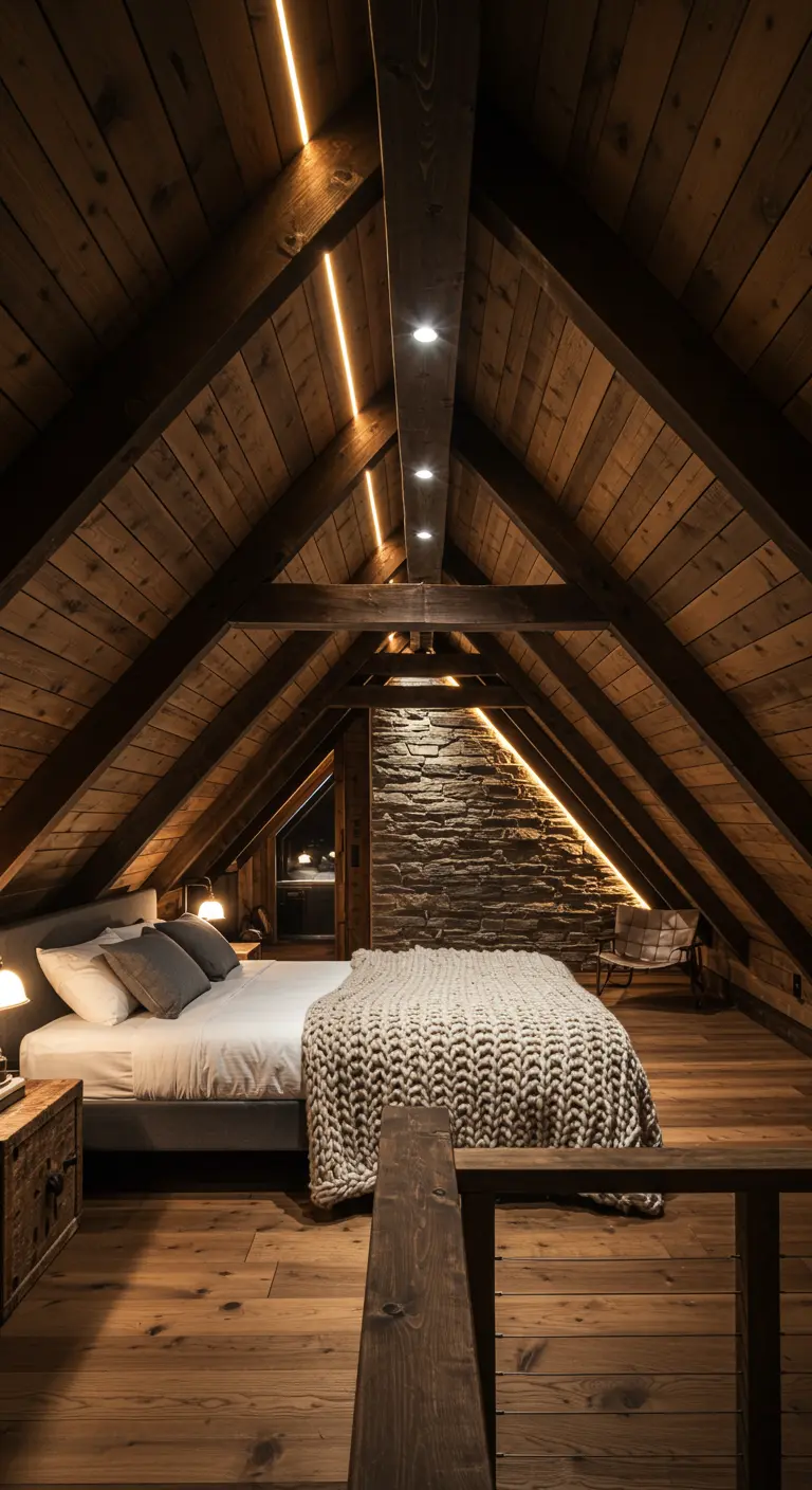 Dormitorio rústico en un ático con vigas de madera iluminadas por tiras LED.