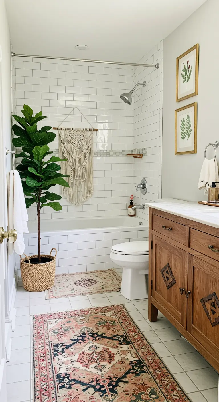 Baño de estilo bohemio con azulejos blancos, alfombra rosa y detalles de macramé.