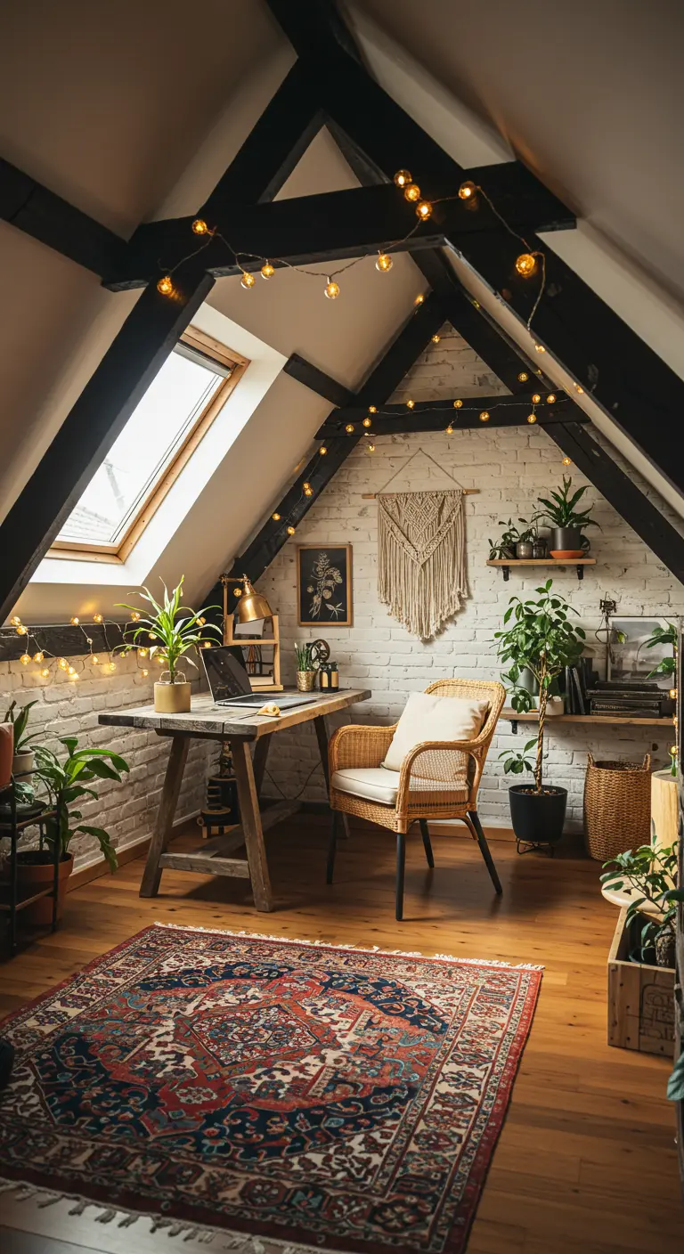Rincón de trabajo bohemio en un ático con vigas de madera, pared de ladrillo y luces cálidas.