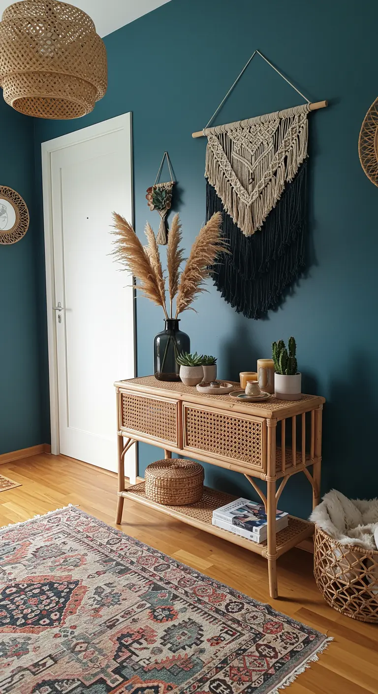Recibidor bohemio con pared azul verdoso, consola de ratán, macramé y pampas secas.