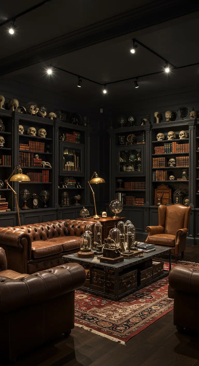 Biblioteca oscura y maximalista con sofás de cuero Chesterfield, estanterías negras y cráneos.