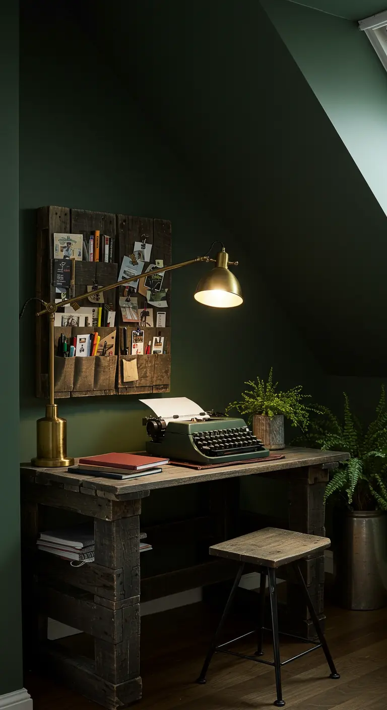 Escritorio de palet teñido de oscuro en una habitación verde, con lámpara de latón y organizador de pared.