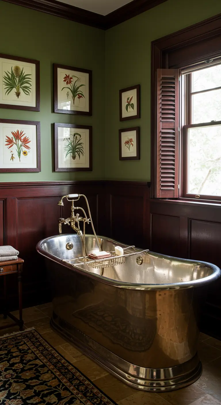 Baño clásico con paredes verde oliva, paneles de madera y bañera de metal.