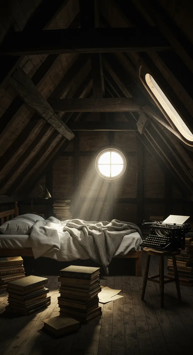 Dormitorio rústico en un ático con vigas de madera, una cama y pilas de libros en el suelo