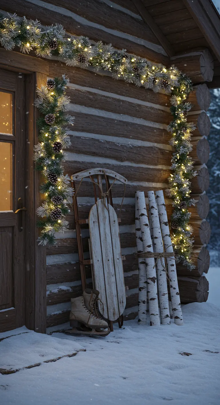 Cabaña de madera con guirnalda iluminada, trineo vintage y troncos de abedul.