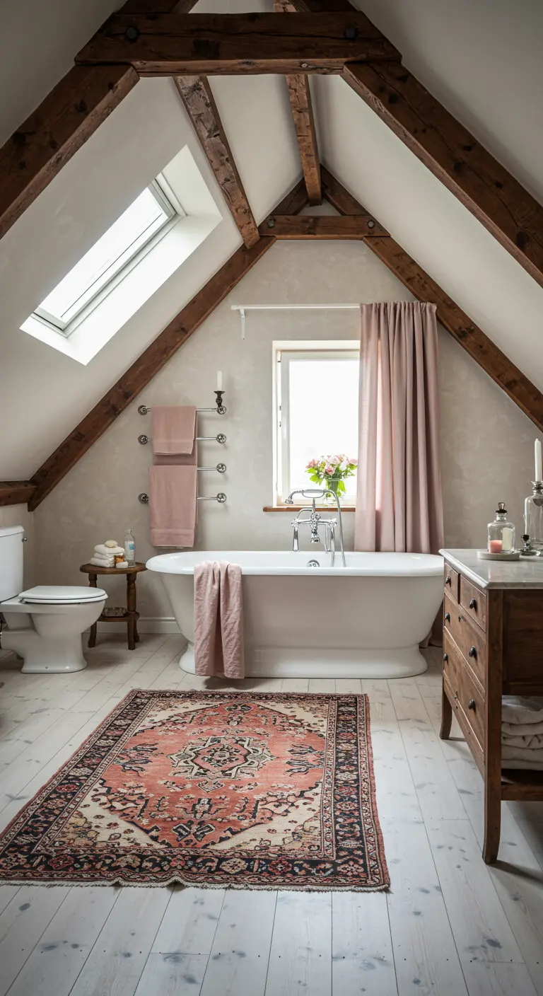 Baño abuhardillado con vigas de madera a la vista, cortinas rosas y alfombra oriental.